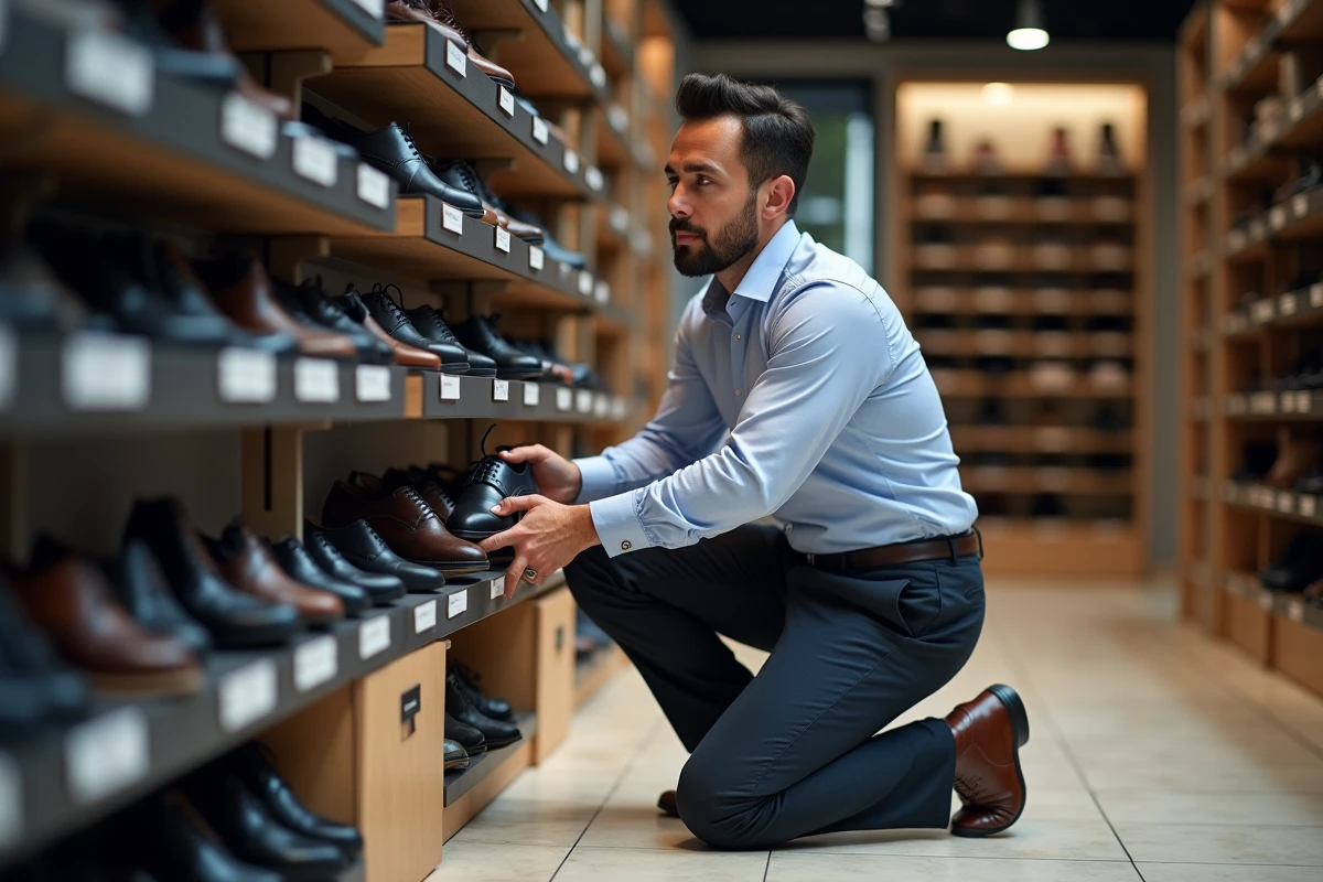 Employe organise un mur de chaussures dans un magasin moderne