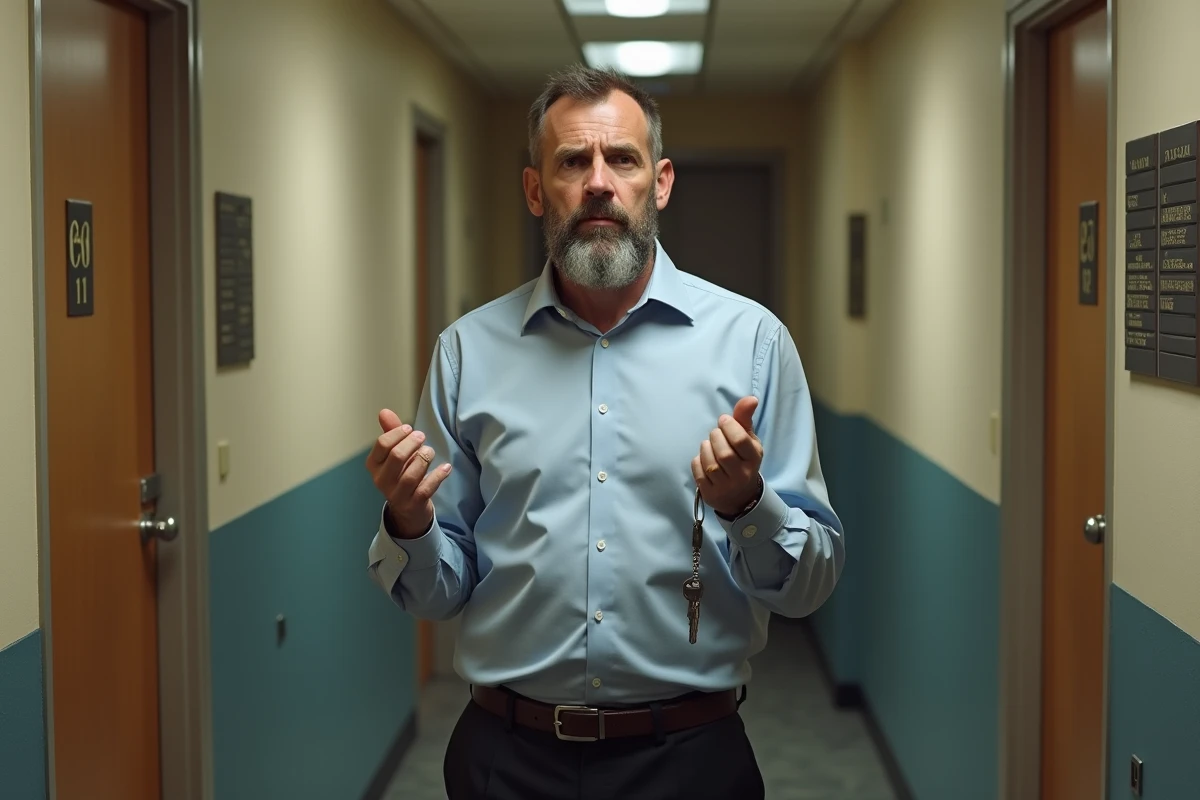 Homme barbu tenant des clés dans un couloir d