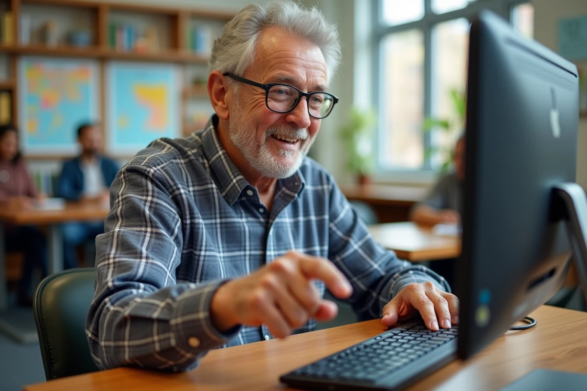 Homme âgé pointant la lettre M sur un clavier dans une bibliothèque