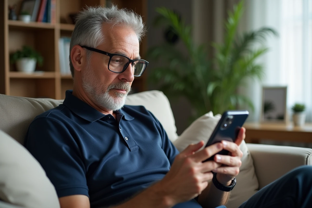 Homme senior consultant un guide pour installer l'application Mon Proxima sur iPhone dans un salon