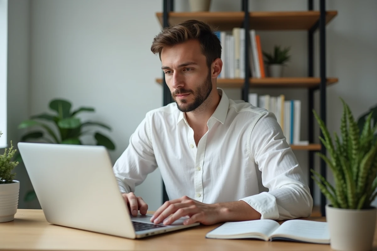 Hombre consultando un sitio de ayuda al Scrabble en su computadora portátil en una oficina moderna