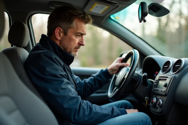 Homme moyenâgeux examine le tableau de bord de sa voiture