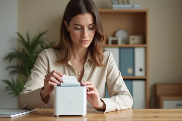 Femme installant un filtre dans un mini rafraichisseur d'air Silvercrest posé sur un bureau en bois