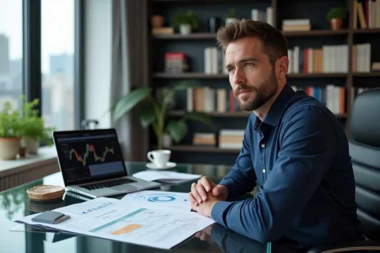 Homme concentré analysant des graphiques boursiers sur un laptop dans un bureau moderne avec vue sur la ville
