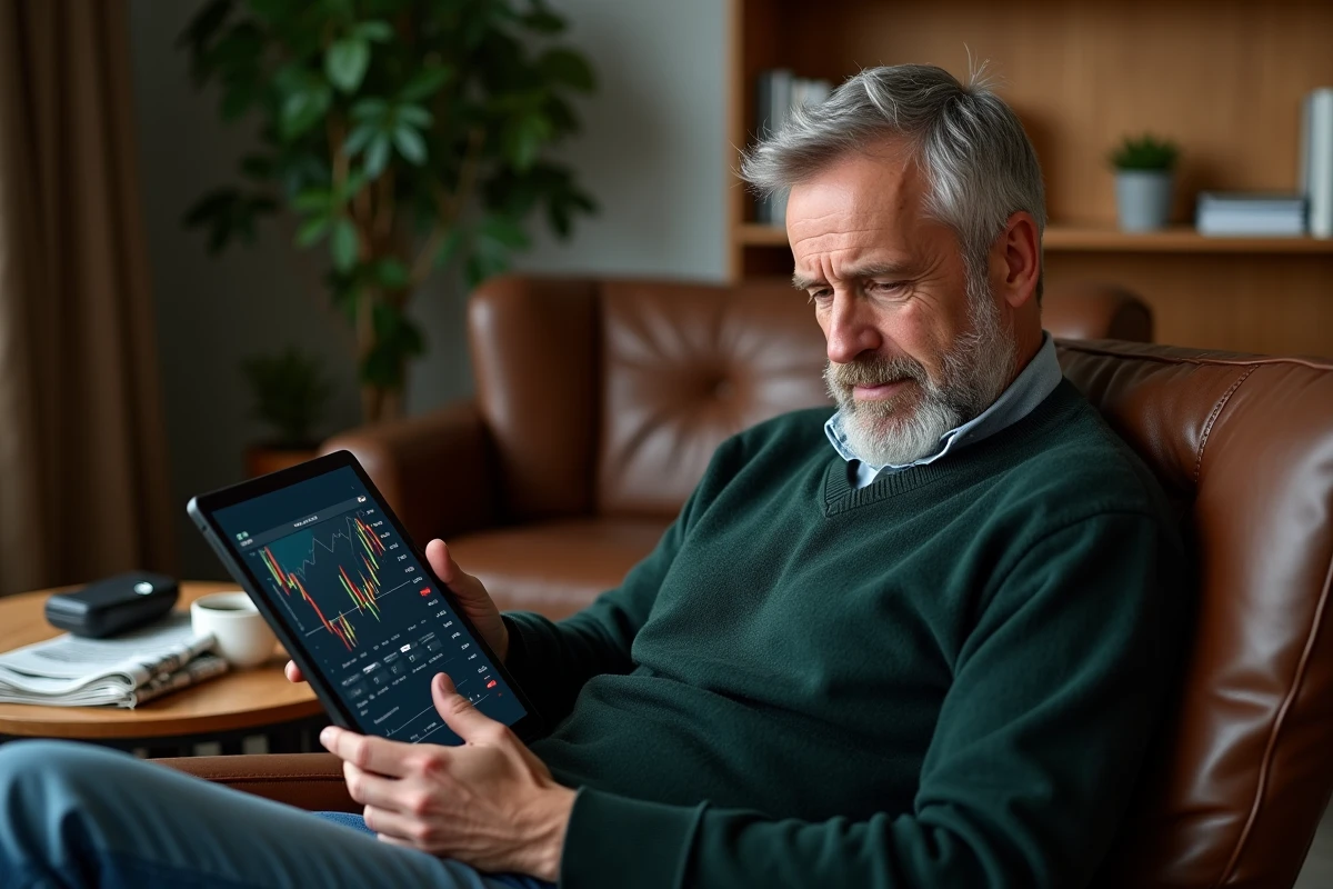 Homme mature consultant son portefeuille boursier sur tablette dans un salon confortable le week-end