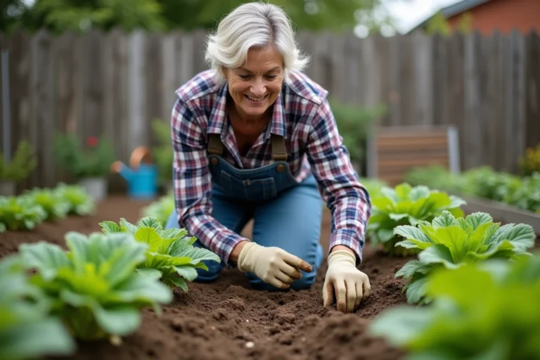 Femme en jardinage avec serfouette et jeunes plants
