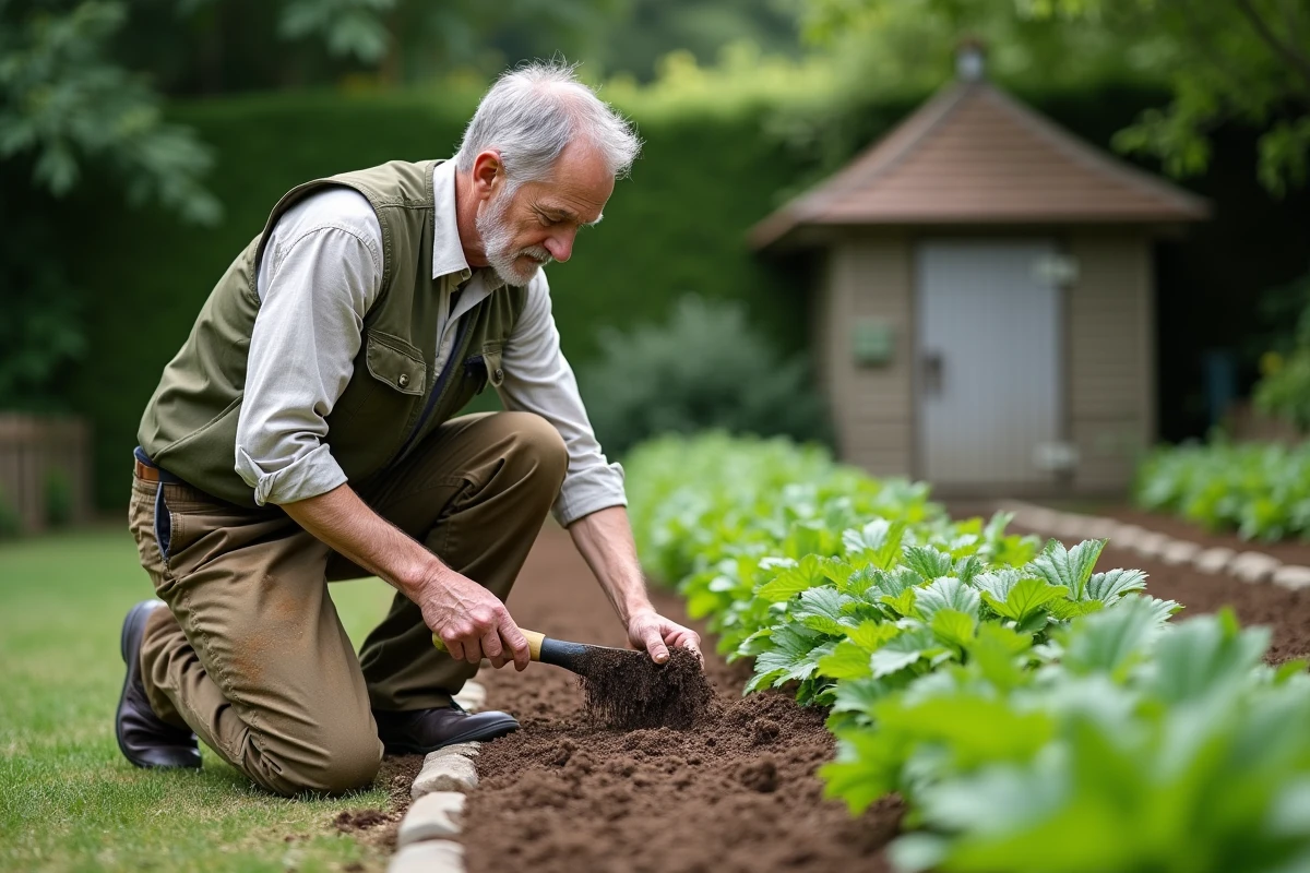 Homme âgé utilisant binette pour désherber