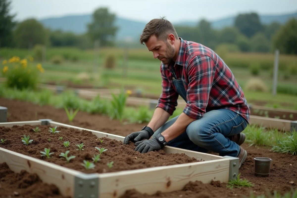 Homme en jeans et gants de jardinage pose des plates-formes en bois