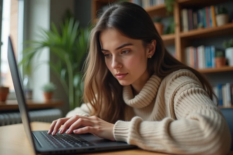 Jeune femme cherchant la lettre M sur un clavier d'ordinateur