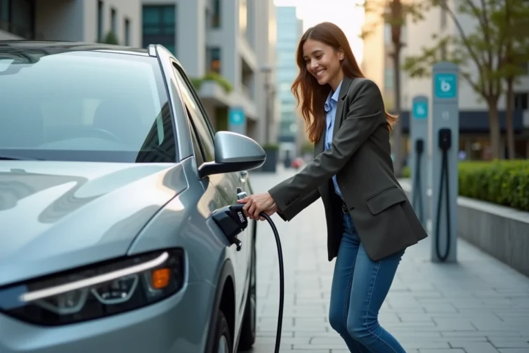 Jeune femme souriante débranchant une voiture électrique en ville