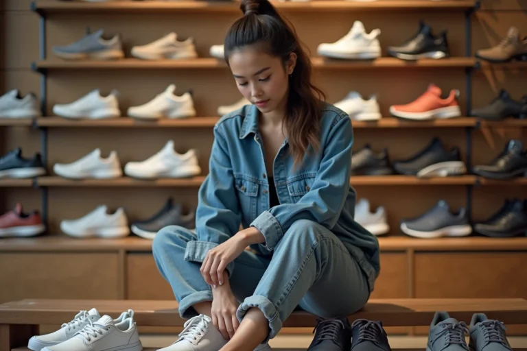 Jeune femme examine des sneakers dans un magasin de chaussures