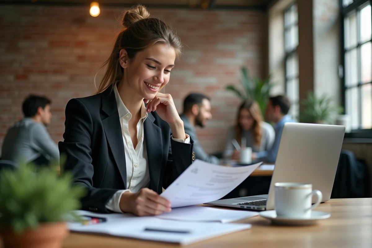 Jeune femme en coworking avec documents et ordinateur