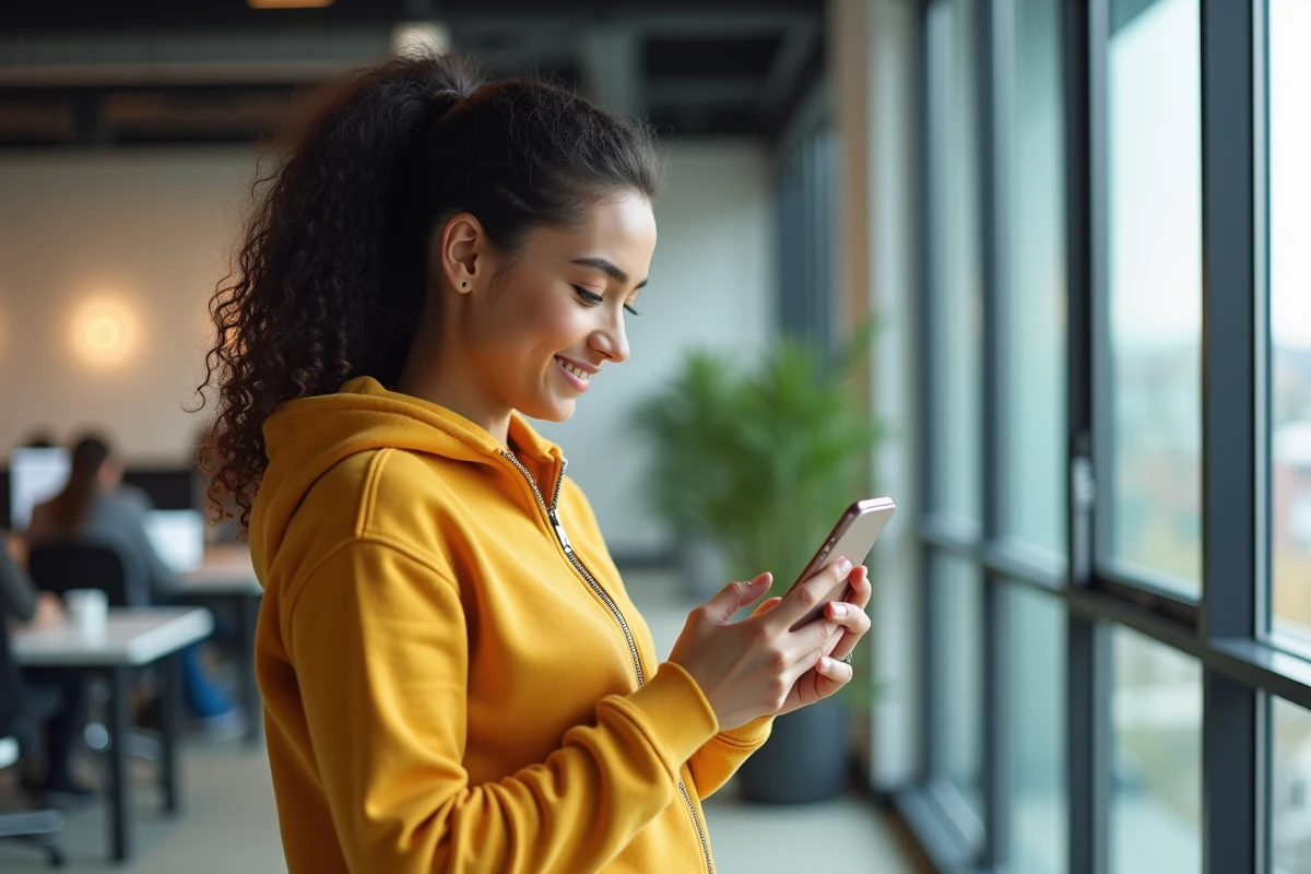 Jeune femme souriante après avoir téléchargé l'application Mon Proxima sur smartphone dans un bureau moderne