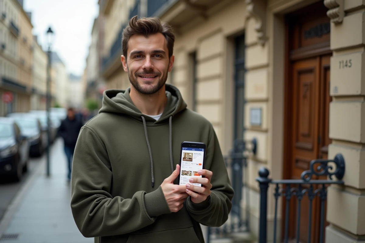 Jeune homme consultant une application d'annonces immobilières sur smartphone devant un immeuble en ville
