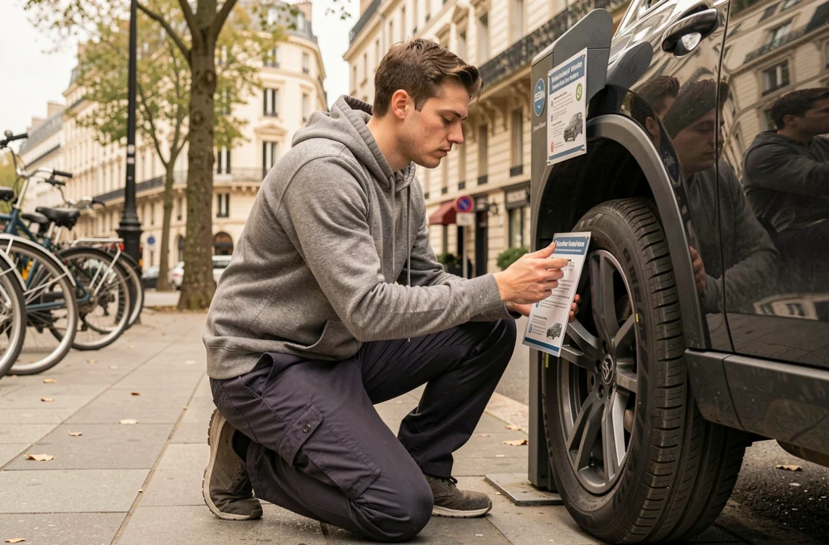 Jeune homme utilisant une borne de gonflage gratuite en libre-service sur un trottoir en ville pour gonfler les pneus de son SUV