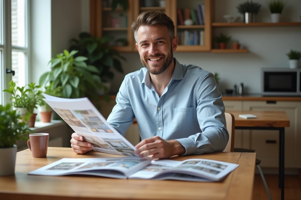 Jeune homme souriant avec brochures immobilières dans appartement