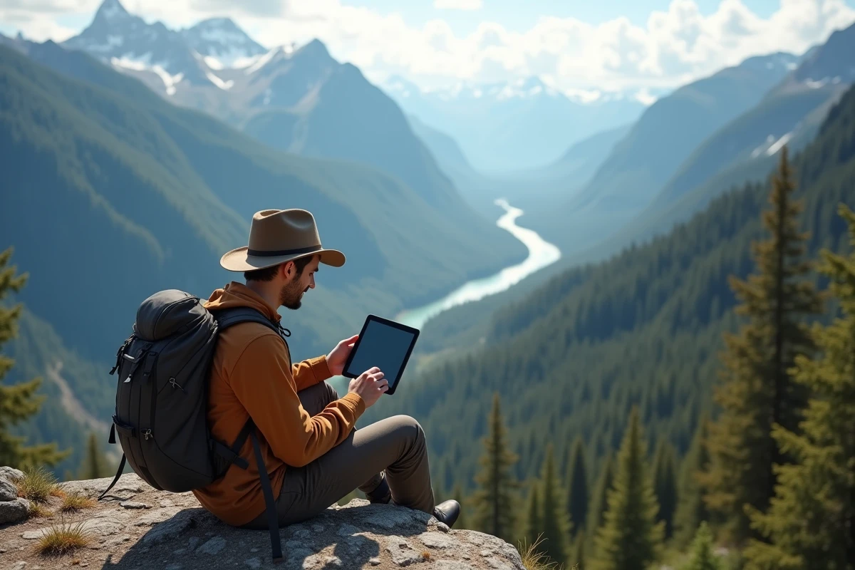 Jeune homme en plein air planifiant une aventure en montagne