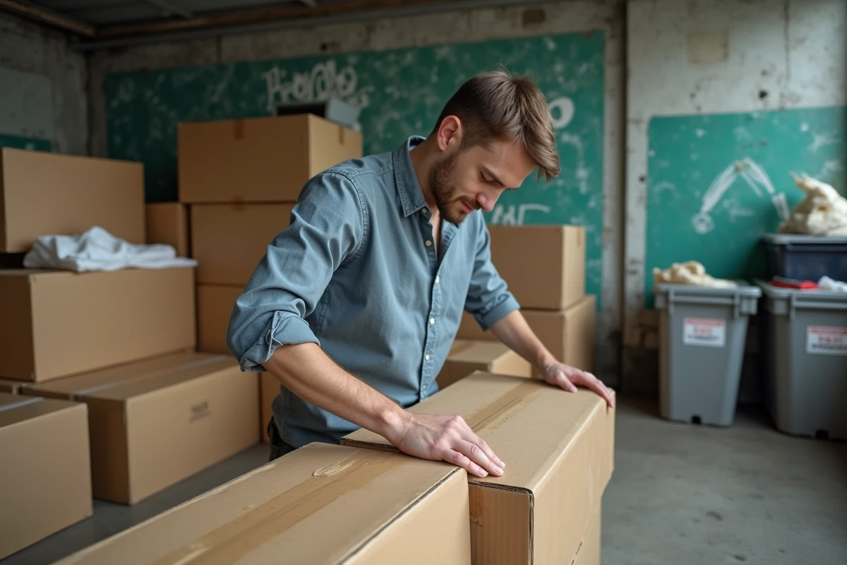 Jeune homme trie des cartons dans un centre de recyclage urbain