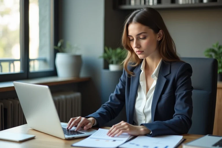 Jeune femme en costume analyse des documents financiers dans un bureau parisien