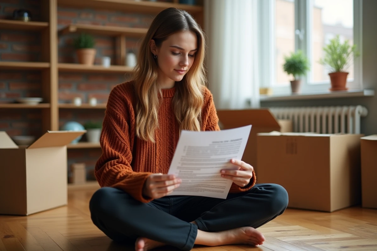 Jeune femme locataire lisant son contrat de bail entourée de cartons dans son nouvel appartement