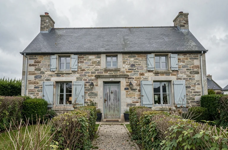 Maison traditionnelle en pierre de granit bretonne avec volets bleus et toit en ardoise, entourée d'un jardin naturel en Bretagne