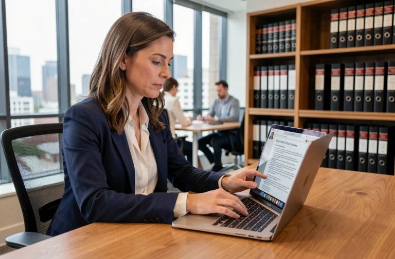 Femme professionnelle consultant les mentions légales d'un site web sur son ordinateur portable dans un bureau moderne