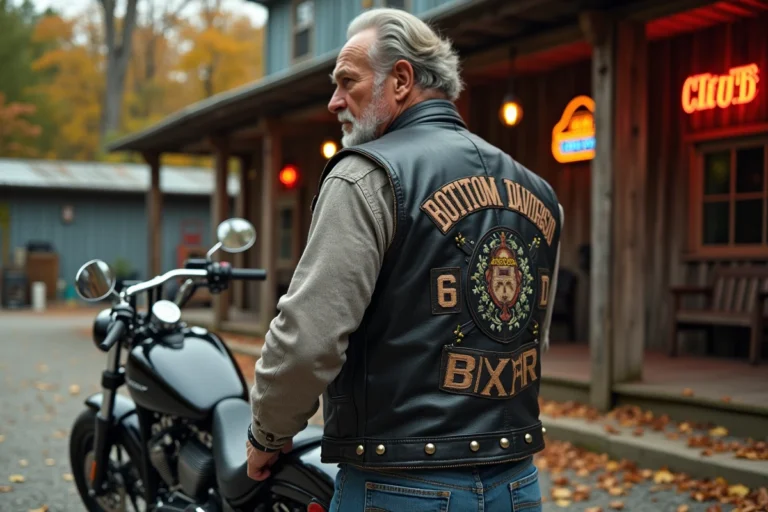 Motard portant un gilet en cuir avec patches dont un support 81 devant une moto cruiser américaine dans un parking de gravier