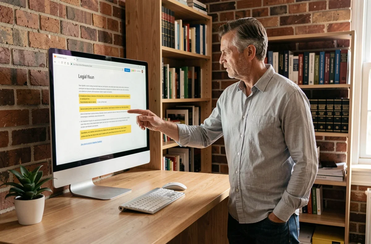 Entrepreneur masculin analysant les obligations légales d'un site internet sur un grand écran dans un bureau à domicile