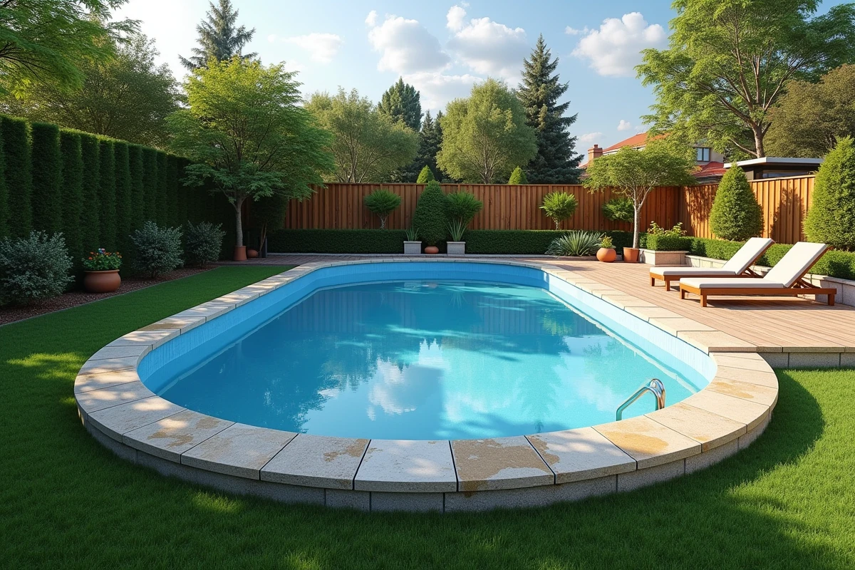 Piscine hors sol en parpaing terminée avec liner bleu et margelles en pierre dans un jardin résidentiel