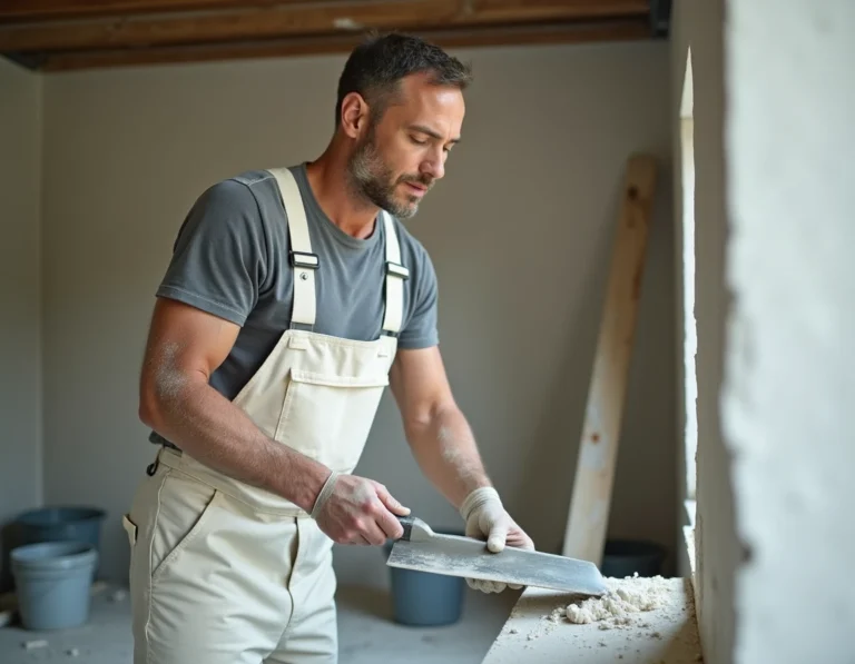 Plâtrier professionnel appliquant un enduit sur un mur intérieur en briques lors d'une rénovation appartement