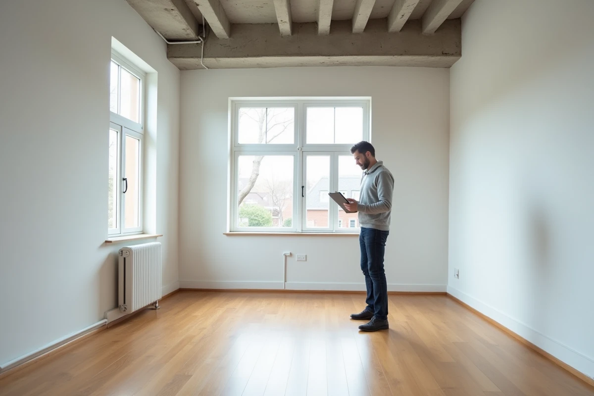 Propriétaire inspectant un appartement vide avant la mise en location avec un presse-papiers