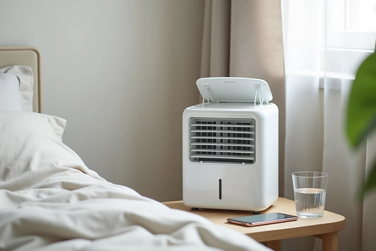 Mini rafraichisseur d'air Silvercrest avec filtre installé sur une table de nuit dans une chambre