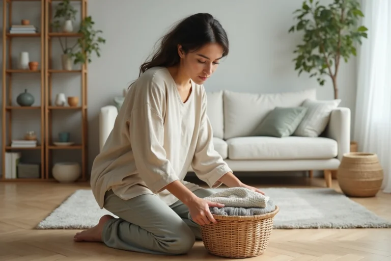 Femme qui range des coussins et plaids dans un panier en osier dans un salon minimaliste et serein