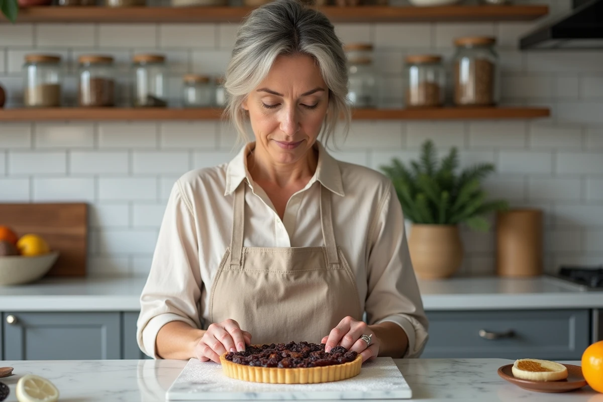 Femme préparant une tarte aux pruneaux maison dans une cuisine moderne avec un tablier en lin