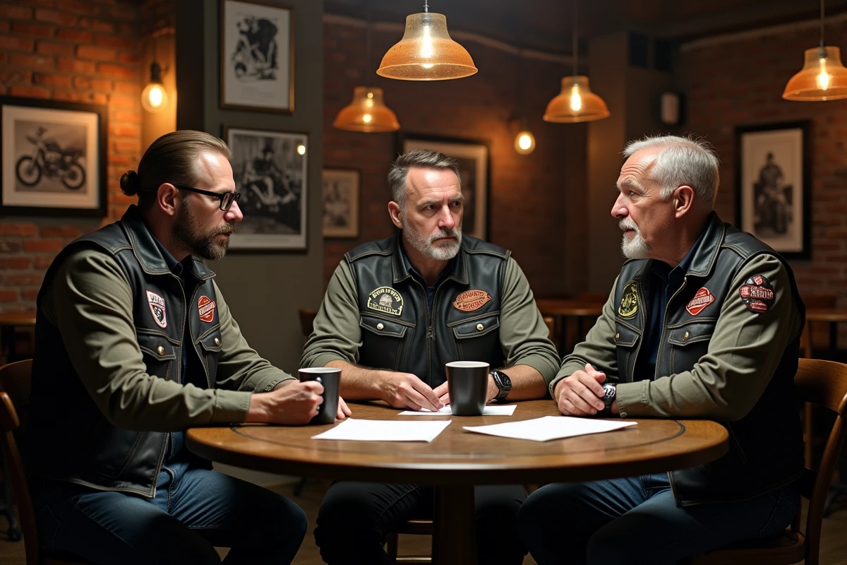 Groupe de motards réunis en réunion de club dans un local avec gilets en cuir et patches de club visibles