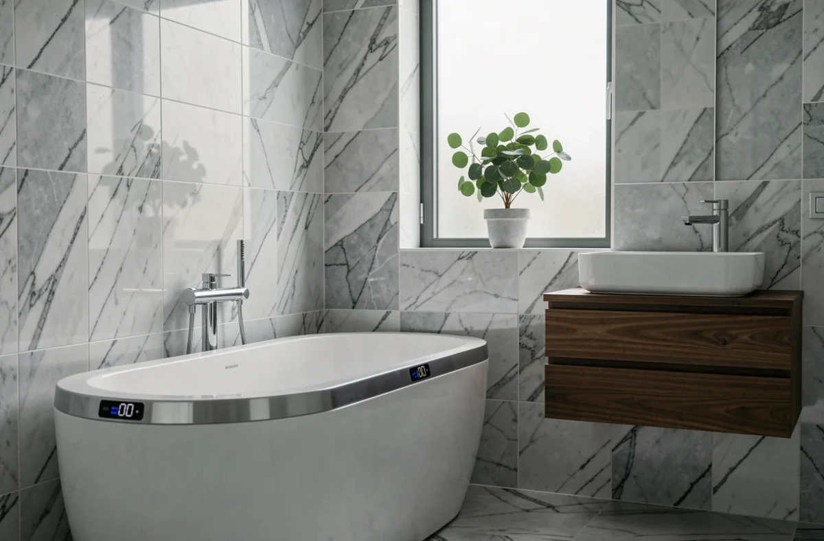 Salle de bain contemporaine avec baignoire connectée à affichage numérique, robinetterie sans contact et revêtement en marbre, tendance innovation habitat
