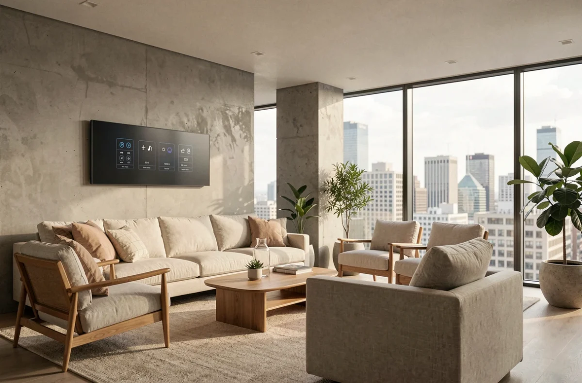 Salon moderne connecté avec panneau domotique mural, mobilier scandinave en chêne et plantes vertes pour une décoration intérieure innovante