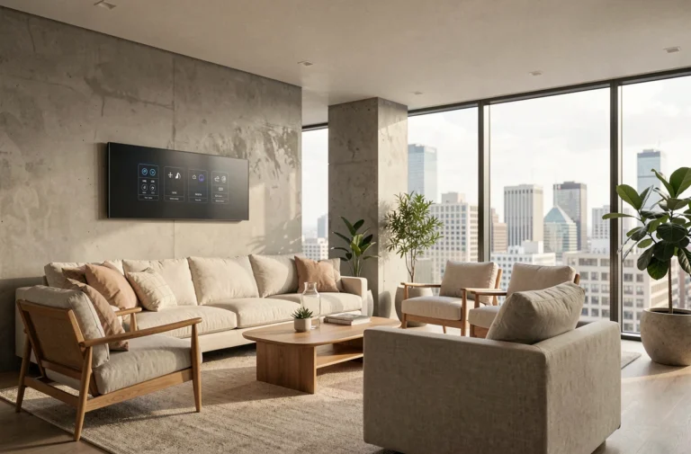 Salon moderne connecté avec panneau domotique mural, mobilier scandinave en chêne et plantes vertes pour une décoration intérieure innovante