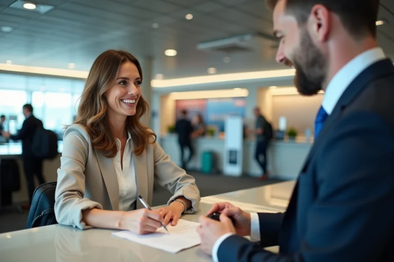 Femme souriante signant un contrat de location de voiture à l'aéroport