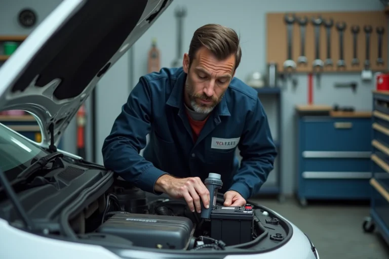Technicien automobile inspectant la batterie d'une Citroën C3 blanche dans un garage professionnel avec un outil de diagnostic