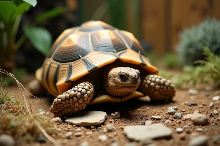 Tortue Hermann en posture défensive dans son terrarium naturalisé avec substrat sec et herbes méditerranéennes