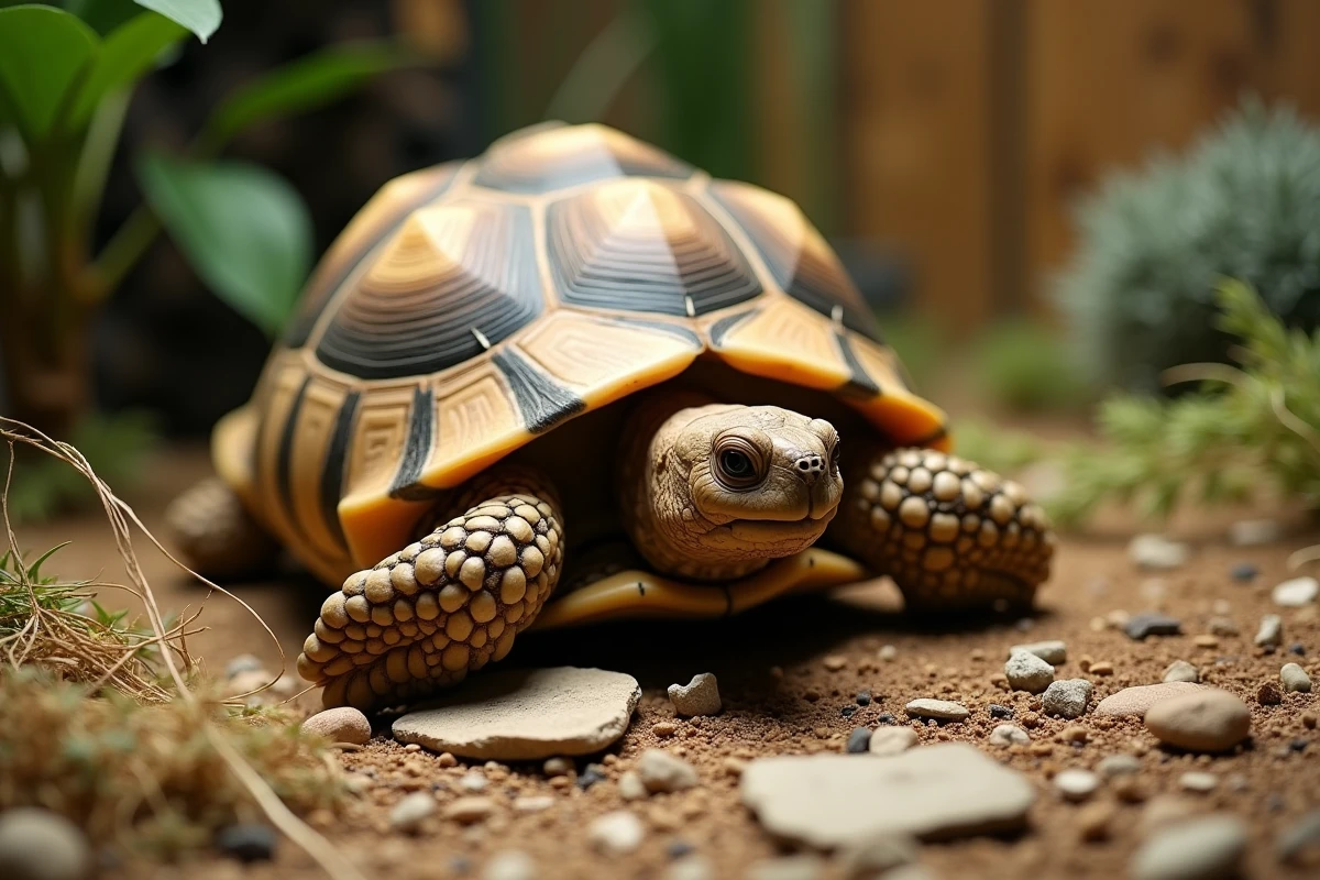 Tortue Hermann en posture défensive dans son terrarium naturalisé avec substrat sec et herbes méditerranéennes