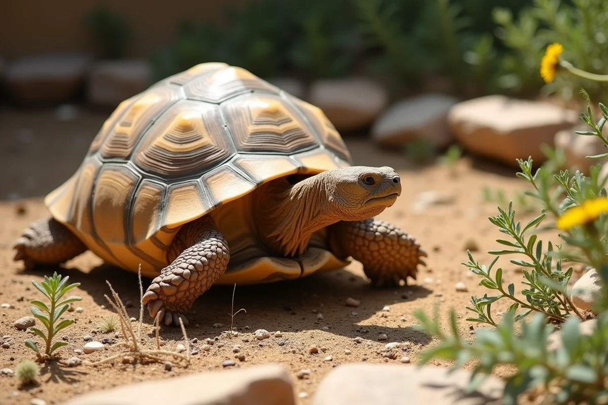 Tortue Hermann détendue se promenant dans un enclos extérieur méditerranéen avec thym et pissenlit, comportement apaisé