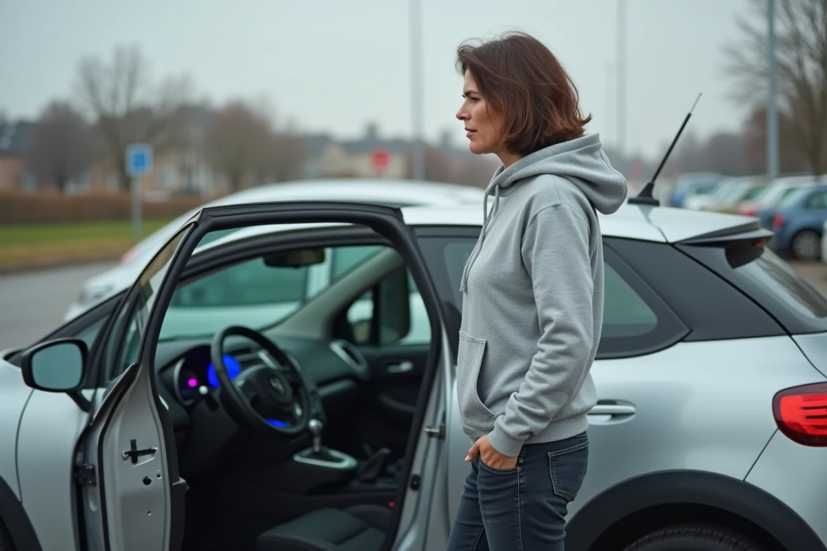 Femme perplexe observant le voyant batterie clignotant sur le tableau de bord de sa Citroën C3 argentée dans un parking